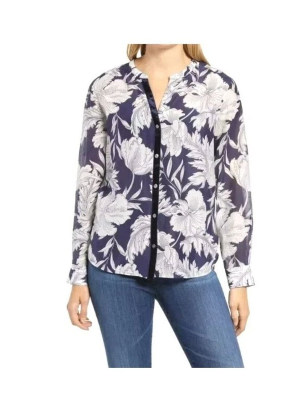 Tommy‎ Bahama Baroque Blooms Silk Blend Floral Top S Island Navy Velvet Placket